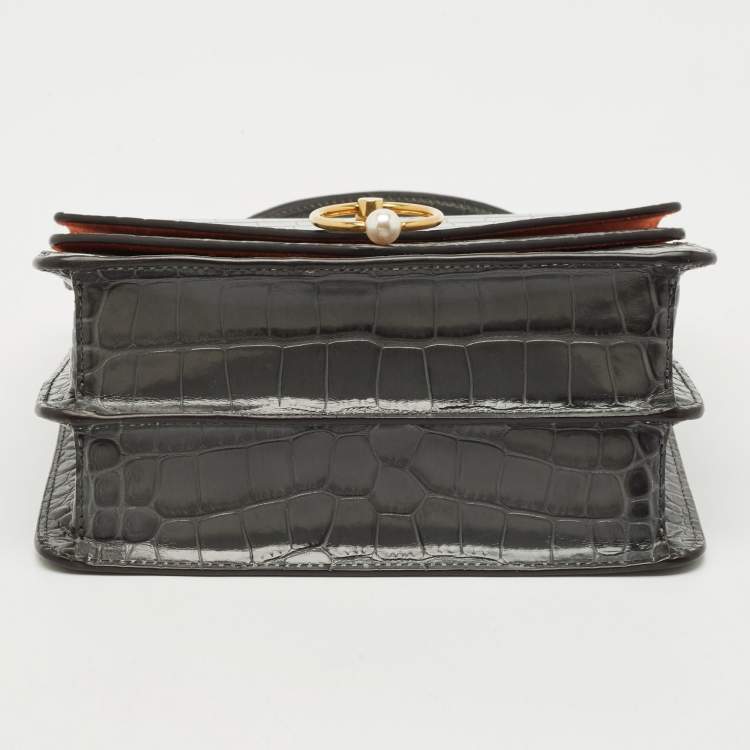 Pre Owned Mulberry Grey Croc Embossed Leather Medium Harlow Top Handle Bag
