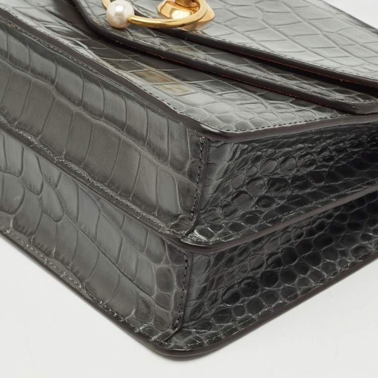 Pre Owned Mulberry Grey Croc Embossed Leather Medium Harlow Top Handle Bag