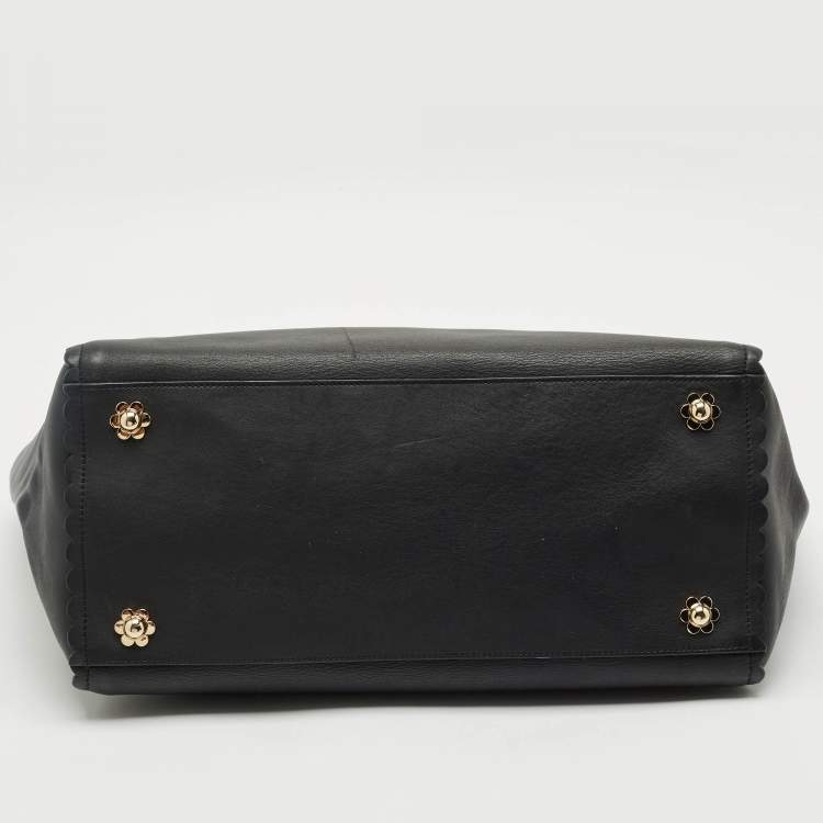 Pre Owned Mulberry Black Leather Large Flower Cecily Tote