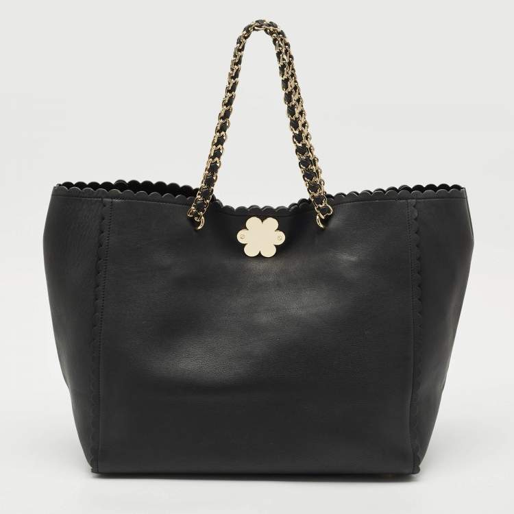 Pre Owned Mulberry Black Leather Large Flower Cecily Tote