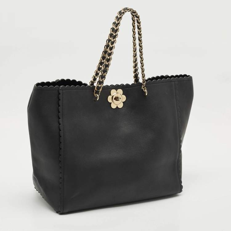 Pre Owned Mulberry Black Leather Large Flower Cecily Tote