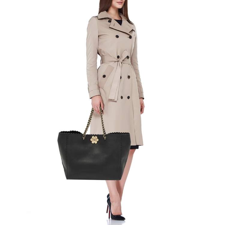 Pre Owned Mulberry Black Leather Large Flower Cecily Tote