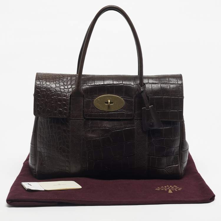 Pre Owned Mulberry Dark Brown Croc Embossed Leather Bayswater Satchel