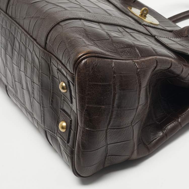 Pre Owned Mulberry Dark Brown Croc Embossed Leather Bayswater Satchel