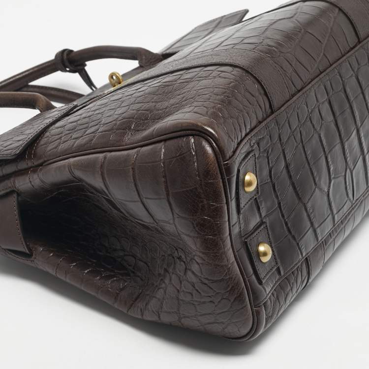 Pre Owned Mulberry Dark Brown Croc Embossed Leather Bayswater Satchel