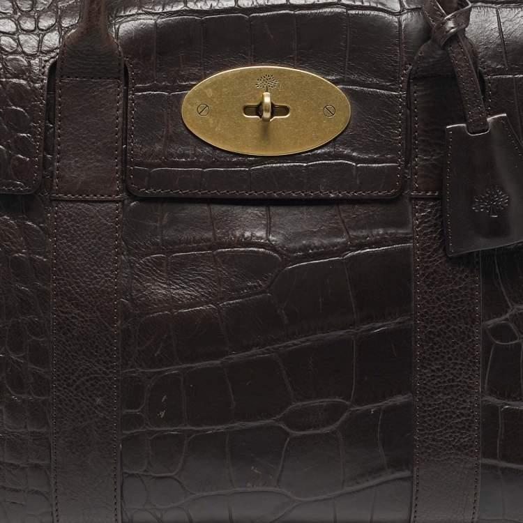 Pre Owned Mulberry Dark Brown Croc Embossed Leather Bayswater Satchel