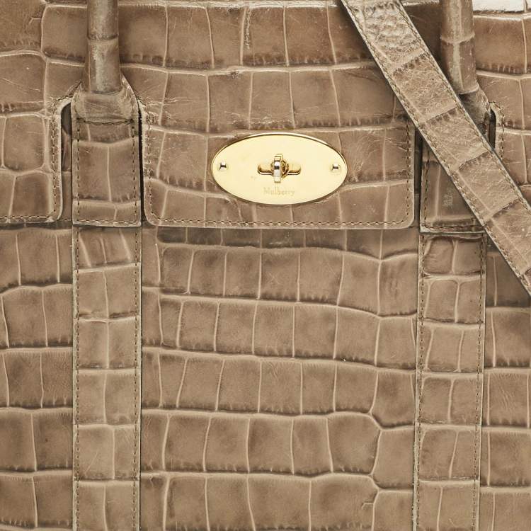 Pre Owned Mulberry Beige Croc Embossed Leather Medium Bayswater Satchel