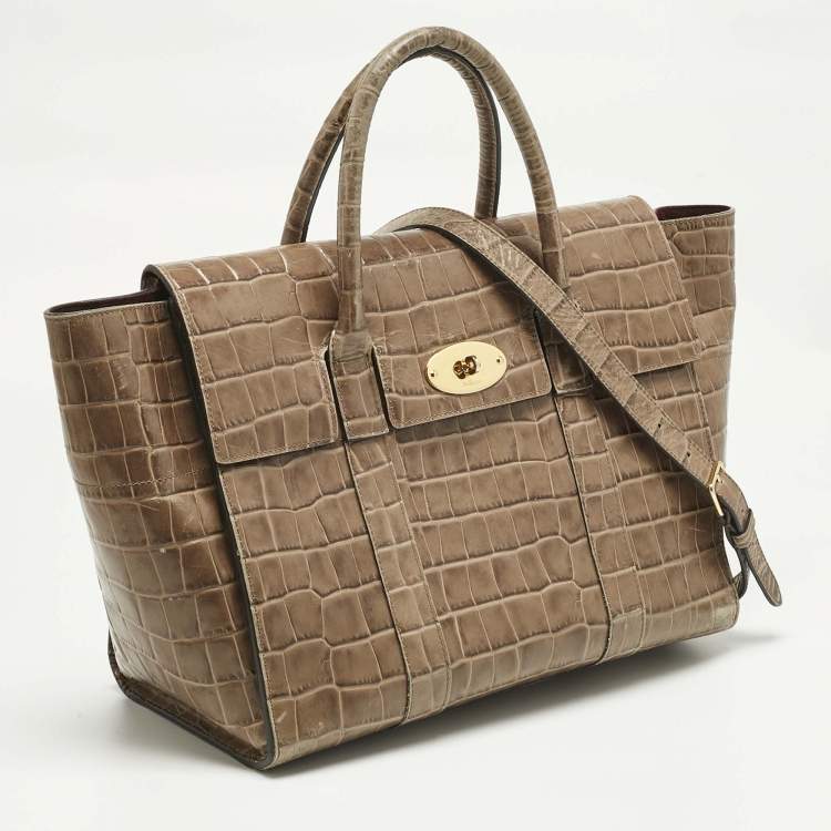 Pre Owned Mulberry Beige Croc Embossed Leather Medium Bayswater Satchel