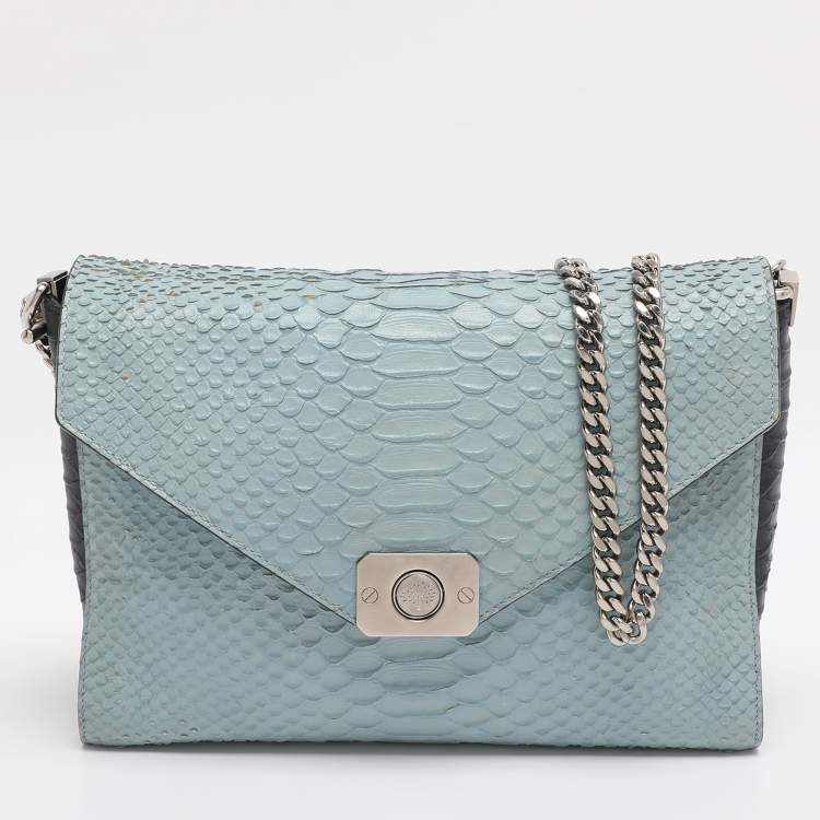 Pre Owned Mulberry Navy Blue/ Turquoise Snakeskin Embossed Leather Delphie Duo Flap Shoulder Bag