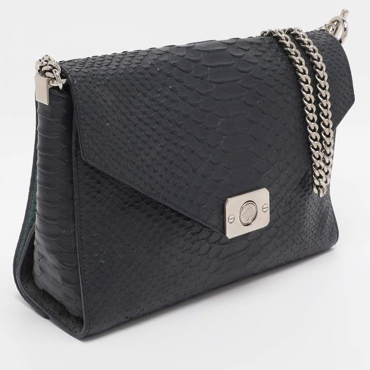 Pre Owned Mulberry Navy Blue/ Turquoise Snakeskin Embossed Leather Delphie Duo Flap Shoulder Bag