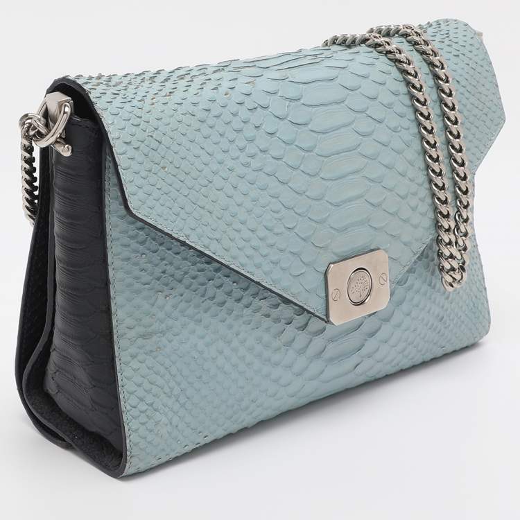Pre Owned Mulberry Navy Blue/ Turquoise Snakeskin Embossed Leather Delphie Duo Flap Shoulder Bag