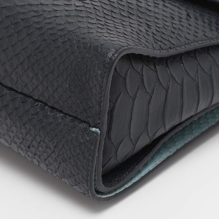 Pre Owned Mulberry Navy Blue/ Turquoise Snakeskin Embossed Leather Delphie Duo Flap Shoulder Bag