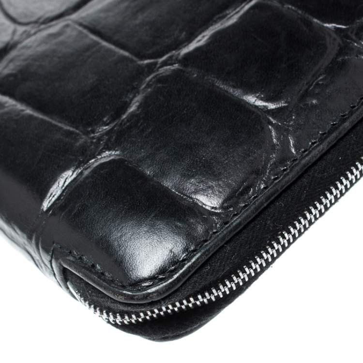 Pre Owned Mulberry Black Croc Embossed Leather Zip Around Wallet