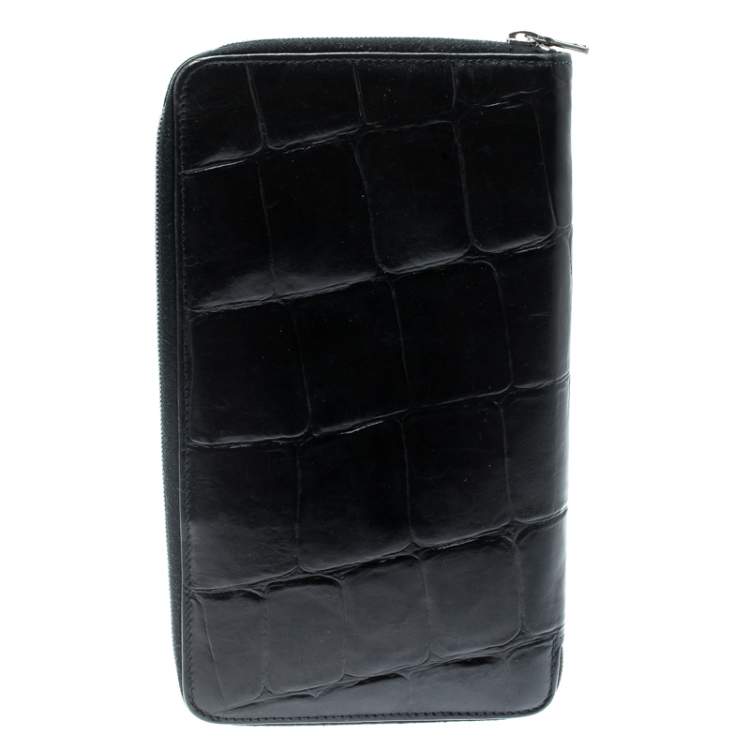 Pre Owned Mulberry Black Croc Embossed Leather Zip Around Wallet