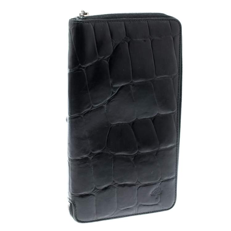 Pre Owned Mulberry Black Croc Embossed Leather Zip Around Wallet