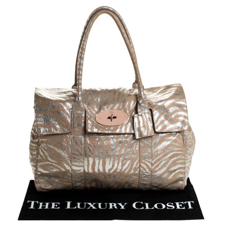 Pre Owned Mulberry Metallic Silver/Beige Zebra Leather Bayswater Satchel