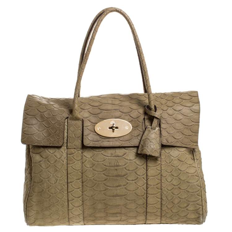 Pre Owned Mulberry Olive Green Python Embossed Leather Bayswater Satchel