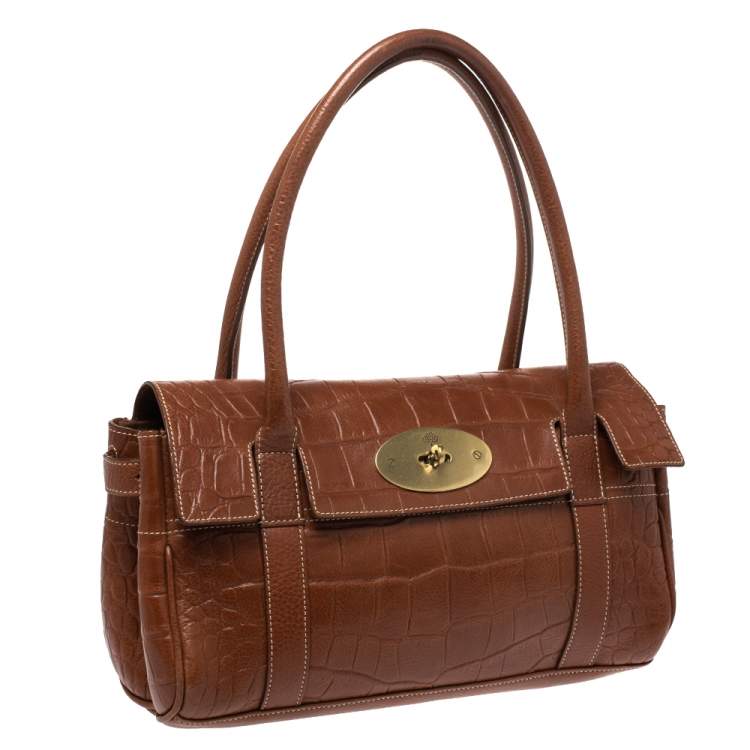 Pre Owned Mulberry Brown Croc Embossed Leather East West Bayswater Satchel