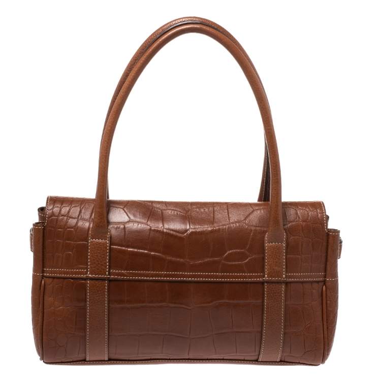 Pre Owned Mulberry Brown Croc Embossed Leather East West Bayswater Satchel