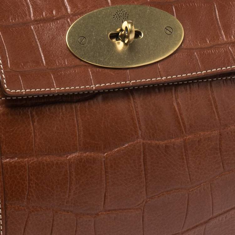 Pre Owned Mulberry Brown Croc Embossed Leather East West Bayswater Satchel