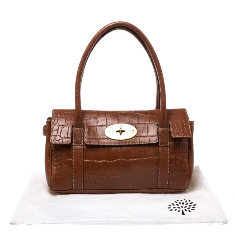 Pre Owned Mulberry Brown Croc Embossed Leather East West Bayswater Satchel