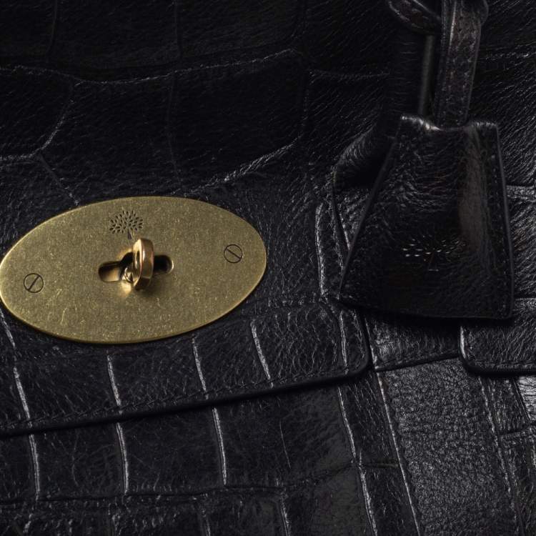 Pre Owned Mulberry Black Croc Embossed Leather Bayswater Satchel