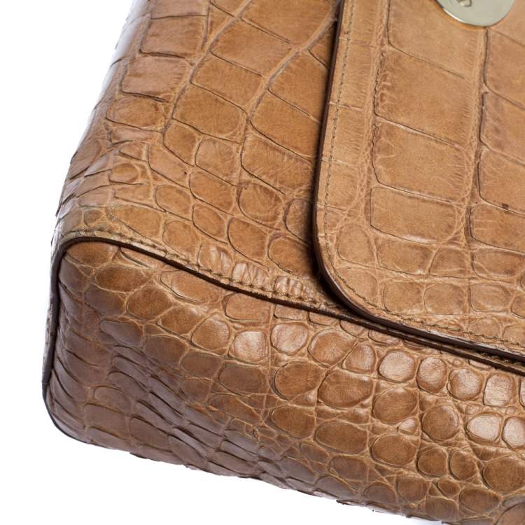 Pre Owned  Mulberry Light Brown Croc Embossed Leather Lily Top Handle Bag
