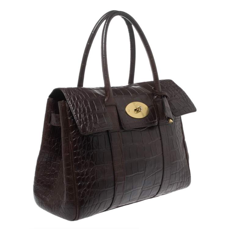 مملوكة مسبقًا Mulberry Dark Brown Croc Embossed Leather Bayswater Satchel