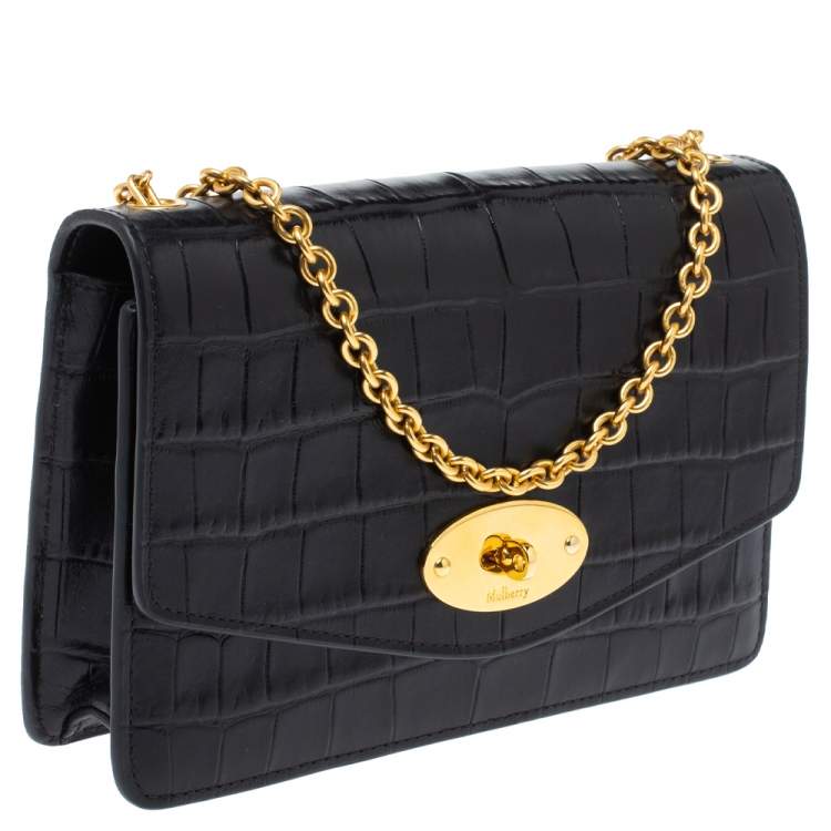 Pre Owned Mulberry Black Croc Embossed Leather Small Darley Crossbody Bag
