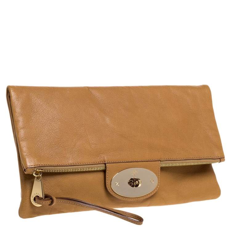 Pre Owned Mulberry Brown Leather Fold Over Turnlock Clutch