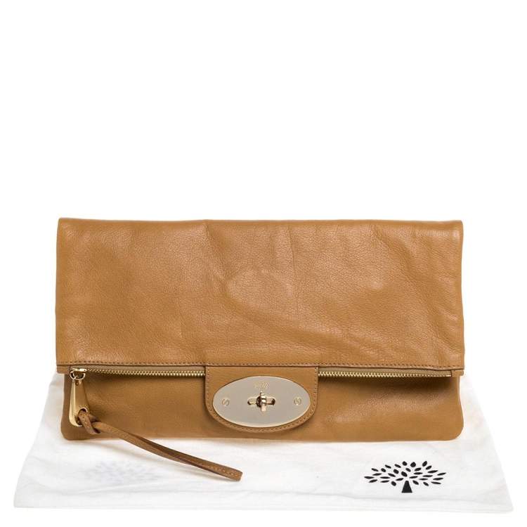 Pre Owned Mulberry Brown Leather Fold Over Turnlock Clutch