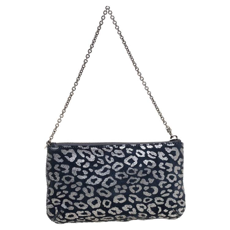 Pre Owned Mulberry Navy Blue/Silver Printed Suede Chain Wristlet Clutch