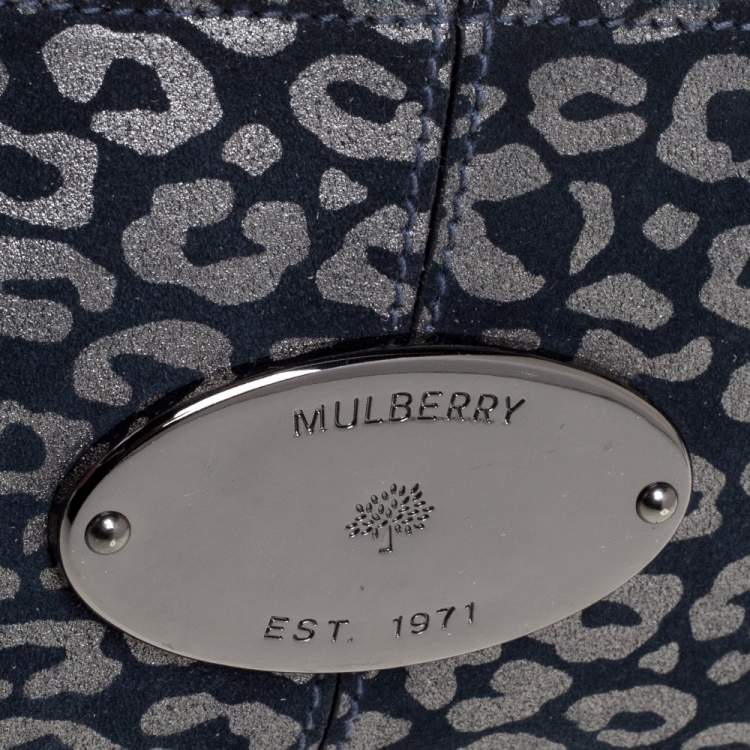 Pre Owned Mulberry Navy Blue/Silver Printed Suede Chain Wristlet Clutch