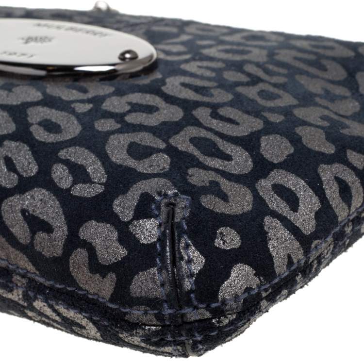 Pre Owned Mulberry Navy Blue/Silver Printed Suede Chain Wristlet Clutch