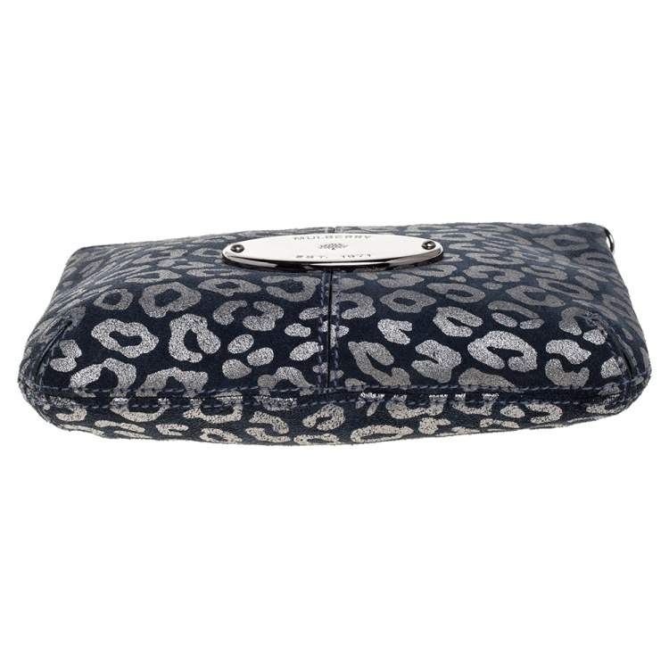 Pre Owned Mulberry Navy Blue/Silver Printed Suede Chain Wristlet Clutch
