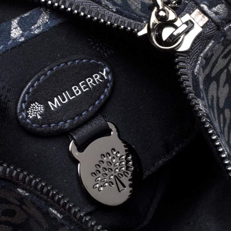 Pre Owned Mulberry Navy Blue/Silver Printed Suede Chain Wristlet Clutch