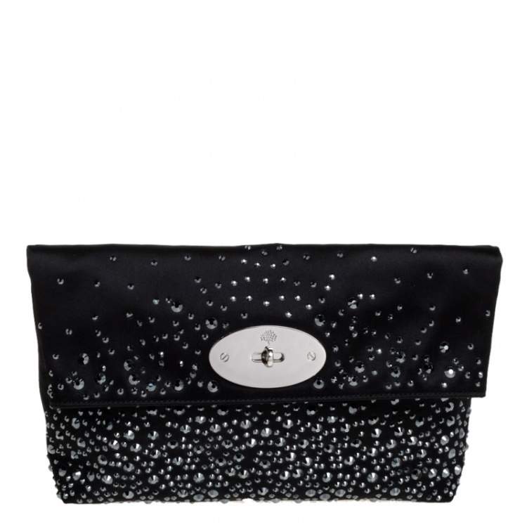 Pre Owned Mulberry Black Satin Embellished Clemmie Foldover Clutch