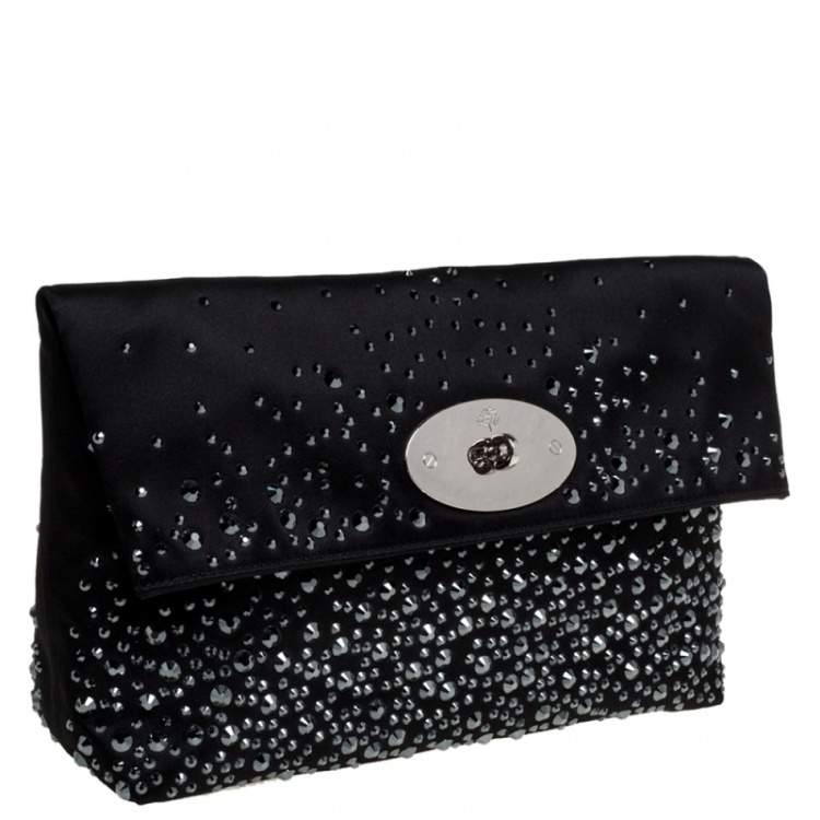 Pre Owned Mulberry Black Satin Embellished Clemmie Foldover Clutch