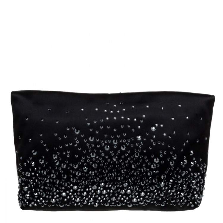 Pre Owned Mulberry Black Satin Embellished Clemmie Foldover Clutch