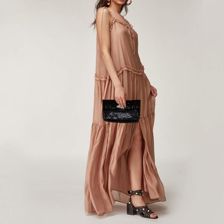 Pre Owned Mulberry Black Satin Embellished Clemmie Foldover Clutch
