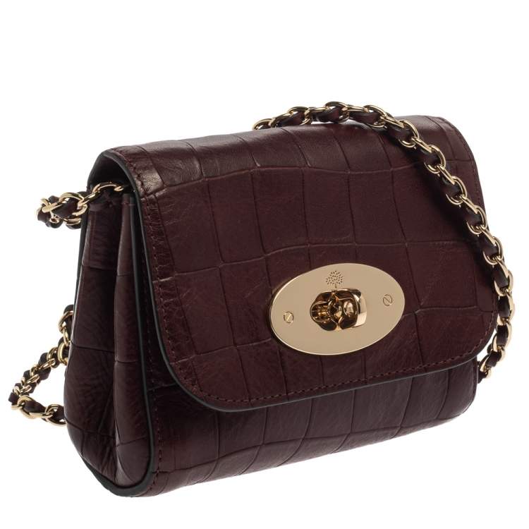 Pre Owned Mulberry Burgundy Crocodile Embossed Leather Mini Lily Shoulder Bag