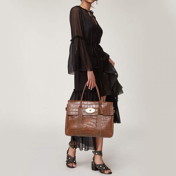 مملوكة مسبقًا Mulberry Brown Croc Embossed Leather Bayswater Satchel