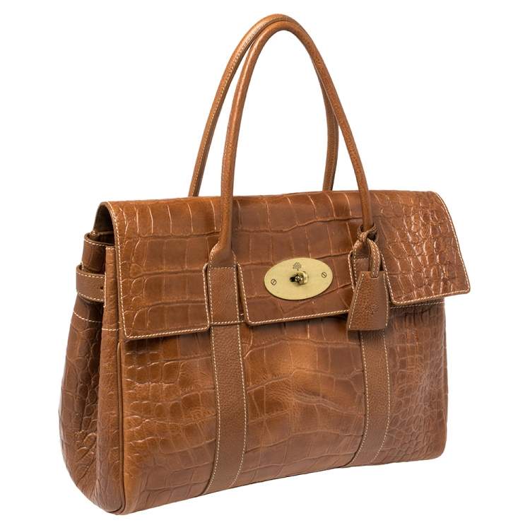 مملوكة مسبقًا Mulberry Brown Croc Embossed Leather Bayswater Satchel