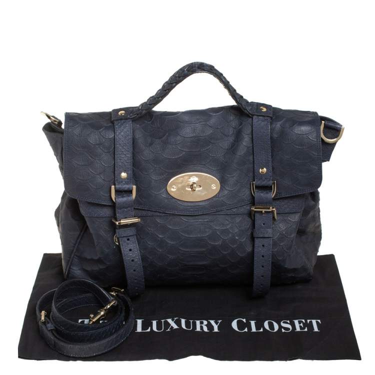 Pre Owned Mulberry Navy Blue Python Embossed Leather Oversized Alexa Satchel