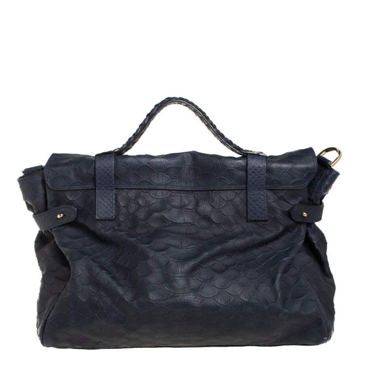 Pre Owned Mulberry Navy Blue Python Embossed Leather Oversized Alexa Satchel