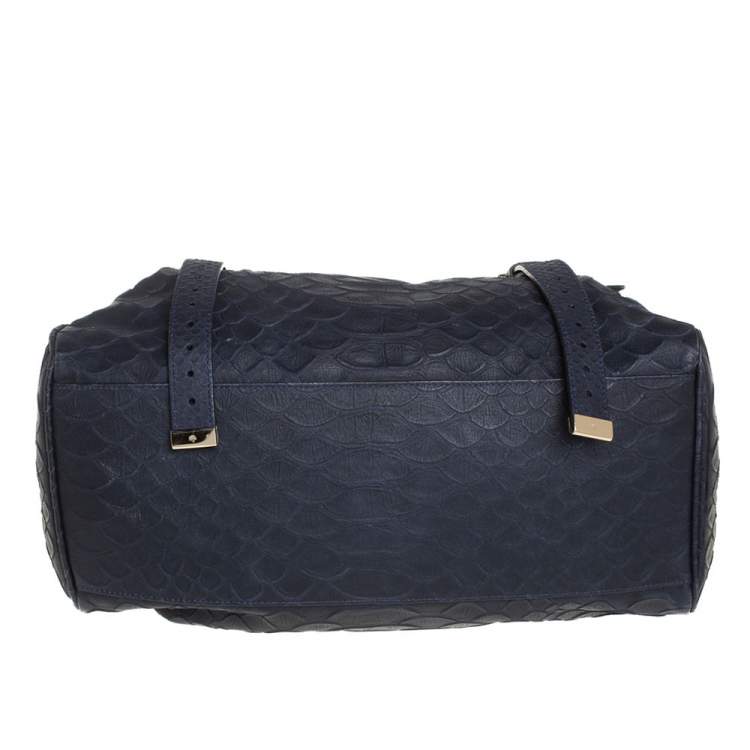 Pre Owned Mulberry Navy Blue Python Embossed Leather Oversized Alexa Satchel