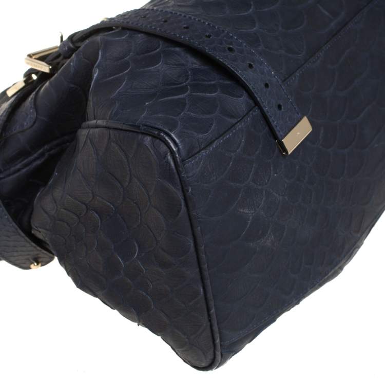 Pre Owned Mulberry Navy Blue Python Embossed Leather Oversized Alexa Satchel