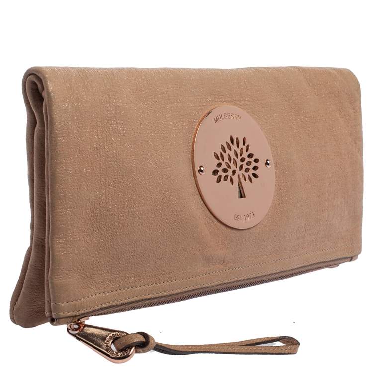 Pre Owned Mulberry Rose Gold Shimmer Nubuck Leather Daria Fold Over Clutch