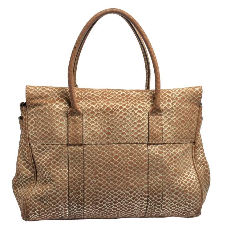 Pre Owned Mulberry Brown/Gold Snakeskin Effect Suede Bayswater Satchel