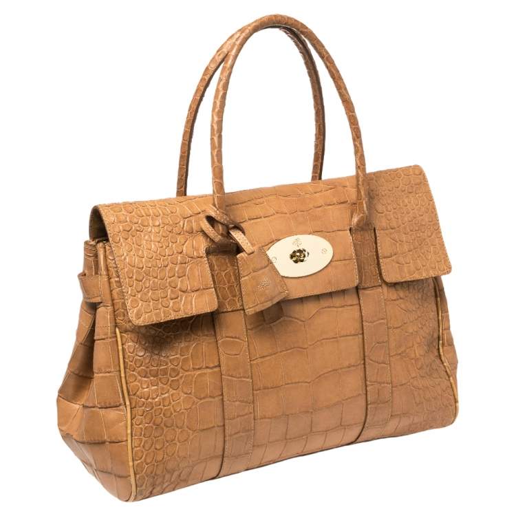 مملوكة مسبقًا Mulberry Tan Croc Embossed Leather Bayswater Satchel